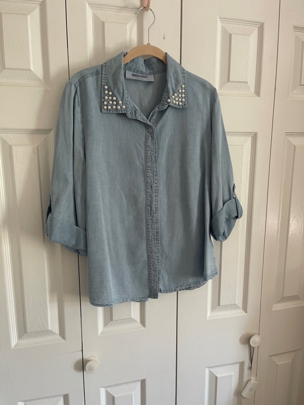 Inner Circle Light Blue Pearl-Embellished Denim Shirt